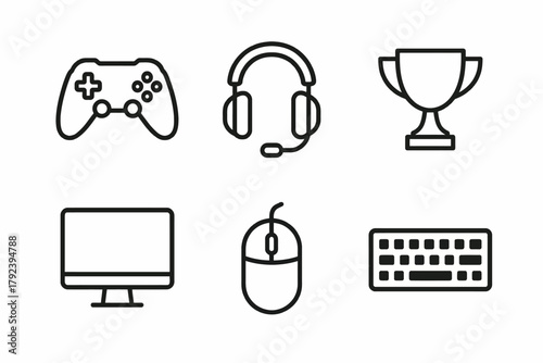 Gaming gear icons: console controller, headset, trophy, monitor, mouse, keyboard