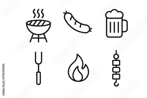Bbq essentials: grill, sausage, beer mug, fork, fire, skewer icons in black and white