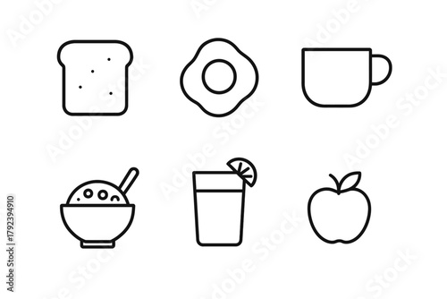 Minimal breakfast icons: toast, egg, cup, cereal, juice, apple