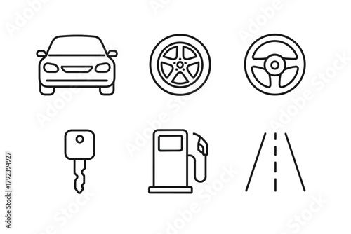 Car and driving icons: car, wheel, steering, key, fuel, road