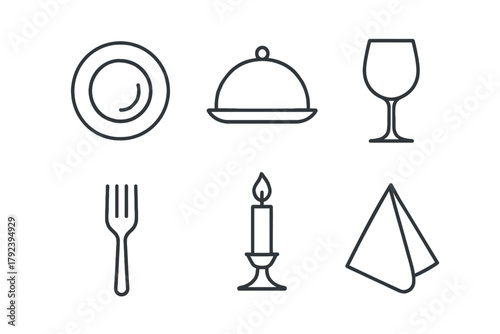 Dining icons set: plate, covered dish, wine glass, fork, candle, napkin