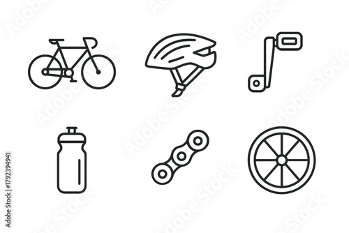 Line art bicycle icons: helmet, chain, wheel, bottle, crank