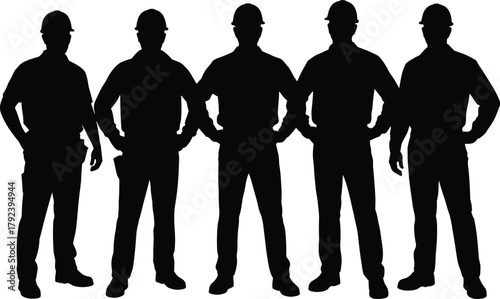 Construction workers team silhouette wearing safety helmets, engineering workforce concept, industrial labor unity, teamwork strength, architecture and building industry.