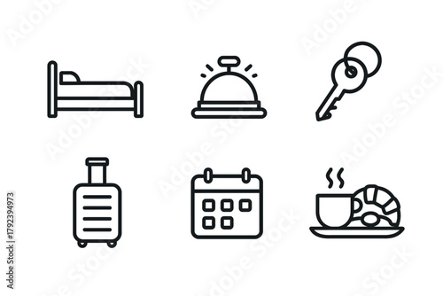 Hotel icons: bed, bell, key, suitcase, calendar, coffee with croissant