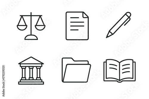 Legal icons: scale, document, pen, courthouse, folder, book illustrations