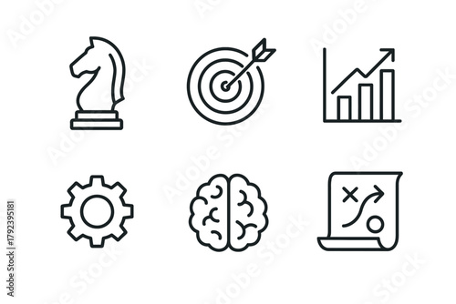 Strategy icons: chess knight, target, growth chart, gear, brain, plan