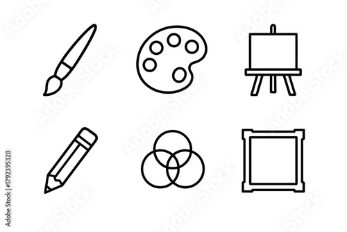 Art tools: brush, palette, easel, pencil, color wheel, canvas frame icons
