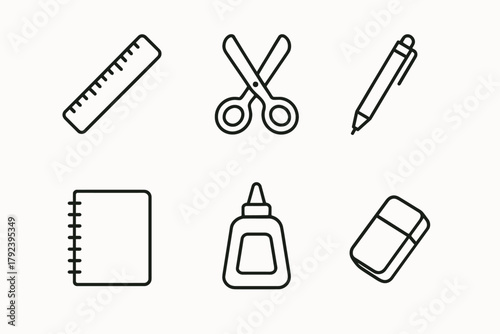 Set of school supplies icons: ruler, scissors, pen, notebook, glue, eraser