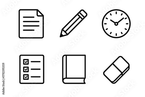 Icons of paper, pencil, clock, checklist, book, and eraser in black line art