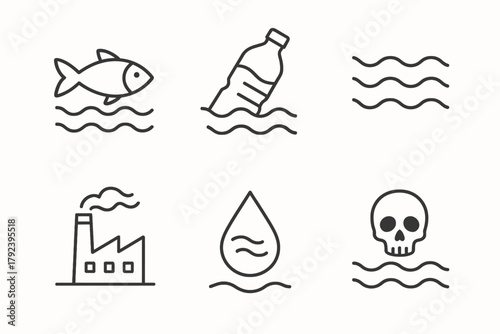 Environmental icons: pollution symbols including fish, plastic, factory, water, skull