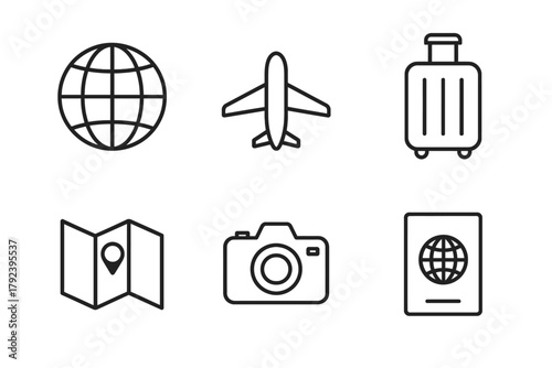 Travel icons: globe, airplane, luggage, map, camera, passport