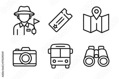 Travel icons: guide, ticket, map, camera, bus, binoculars