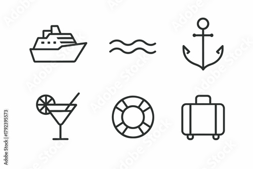 Cruise line icons: ship, waves, anchor, cocktail, lifebuoy, suitcase
