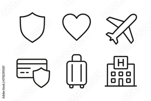Travel and security icons: shield, heart, airplane, card, luggage, hotel
