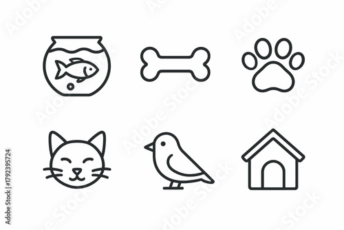 Simple pet icons: fish, bone, paw, cat, bird, house symbols in black and white