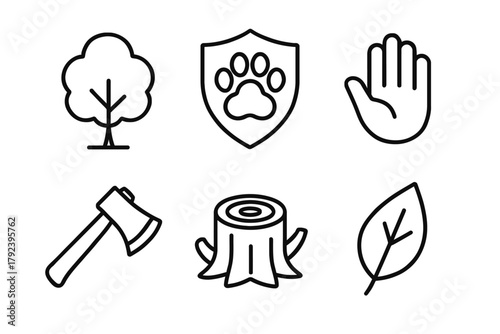 Nature conservation icons: tree, paw, hand, axe, stump, leaf symbols