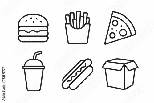 Set of fast food icons: burger, fries, pizza, drink, hot dog, takeout box