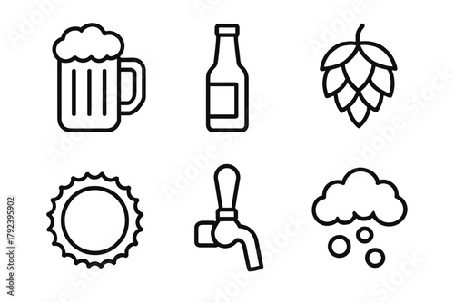 Beer icon set: mug, bottle, hops, cap, tap, foam