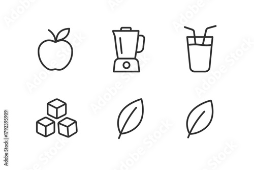 Minimalist icons: blender, fruit, juice, sugar, leaves for healthy living