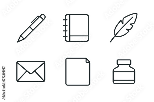 Minimalist icons set: pen, notebook, feather, envelope, paper, ink bottle