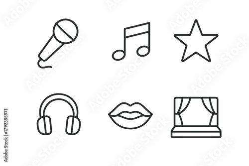 Music and performance icons: microphone, note, star, headphones, lips, stage