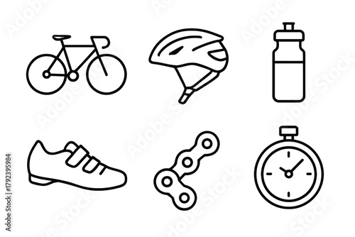 Cycling essentials: helmet, bicycle, water bottle, shoe, chain, stopwatch