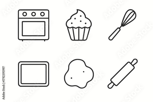 Minimalist baking icons: oven, cupcake, whisk, tray, dough, rolling pin