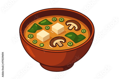 Bowl of miso soup with tofu, mushrooms, and green vegetables bowl of miso soup
