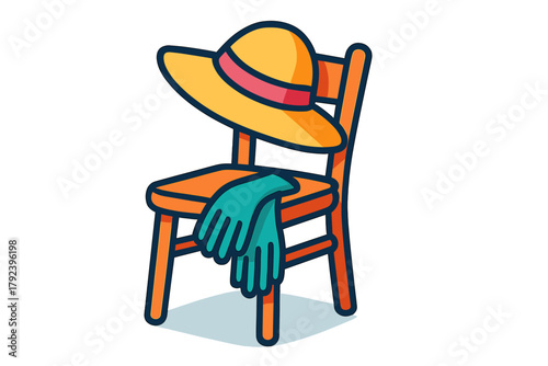 Vintage wooden chair with straw hat and scarf resting on it hat and gloves on chair