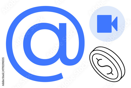 Blue at sign, video camera icon, and coin with dollar sign outline representing digital connection, video-sharing, and e-commerce. Ideal for networking, media, payment system, social platforms