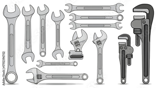Collection of metal wrenches and pipe wrenches