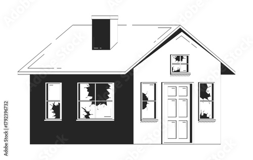 Damaged house broken windows doodle lineart illustration. Disaster aftermath. Shattered glass building. Property vandalism 2D line ink object isolated on white. Monochrome vector outline hand-drawn