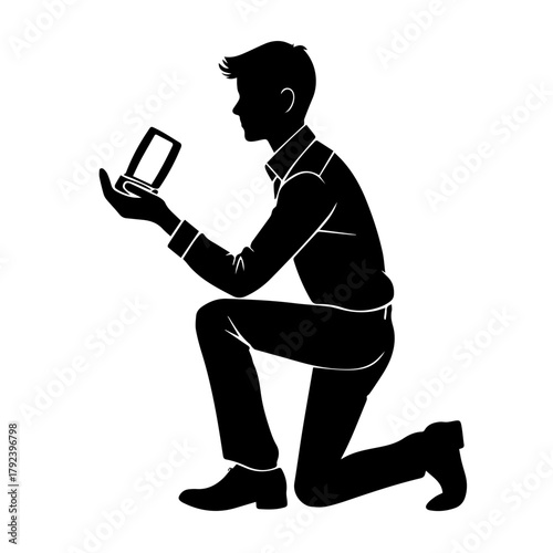 Man kneeling with ring box proposing marriage in silhouette style  