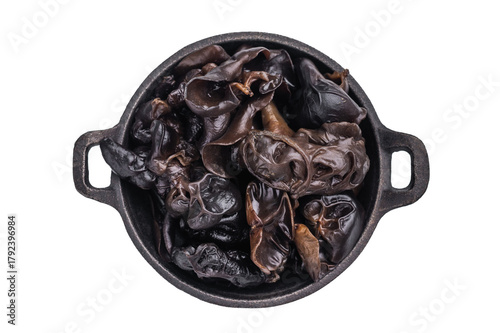 A bowl of fresh wood ear mushrooms, perfect for health conscious cooks seeking nutritious and flavorful ingredient. isolated on white background. top view