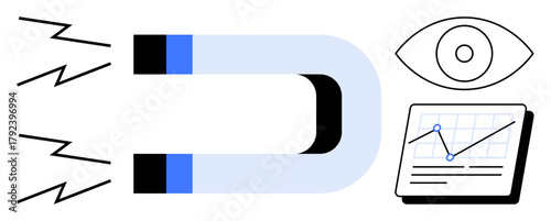 Horseshoe magnet pulling attention, eye symbolizing observation, and chart showcasing analytic trends. Ideal for marketing, data analysis, visibility, attention, growth, strategy brand awareness