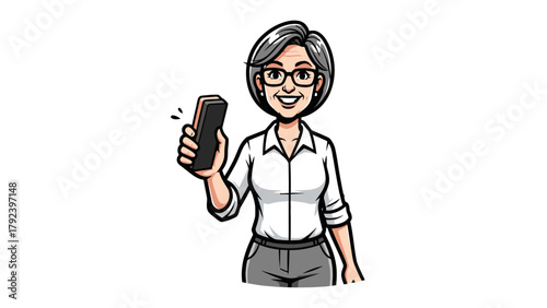 Cartoon woman in a white shirt and gray pants holding a black smartphone