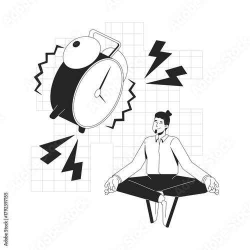 Workplace zen line onboarding ui illustration. Office worker mindfulness. Deadline calm employee. Meditating man with alarm clock ringing outline 2D concept isolated. Ink linear metaphor vector art