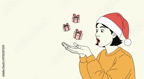 A woman wearing a Santa hat makes a surprised face at floating Christmas presents.