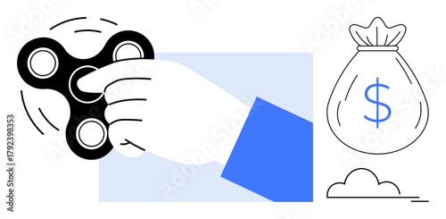 Hand spinning a fidget spinner beside a money bag with a dollar sign and cloud. Ideal for stress relief, financial choices, productivity, multitasking, focus, work-life balance, simple flat metaphor