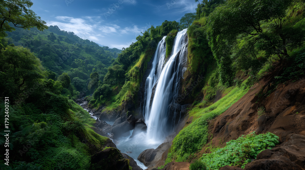 Obraz premium Waterfall surrounded by dense green forest and highland terrain, flowing into calm river waters.