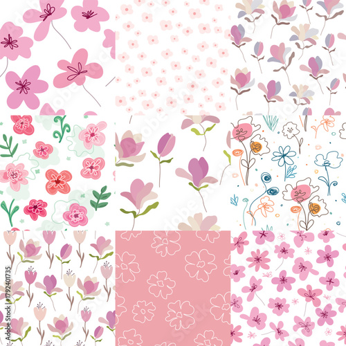 A set of simple floral seamless patterns. A collection of pink flowers: magnolia and tulip. Sketchy flat design. Botanical collage