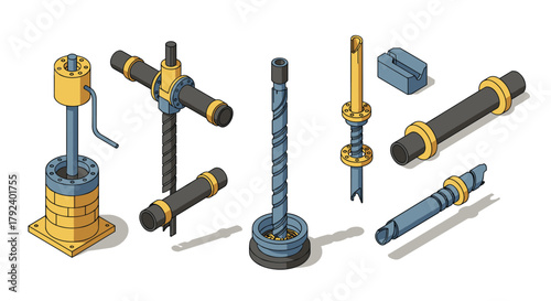Industrial tools set in isometric style with engraving detail