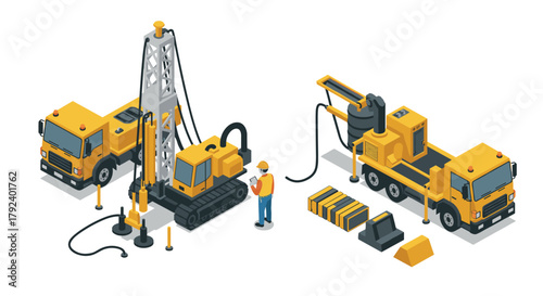 Isometric construction equipment drill rig and pump truck in yellow