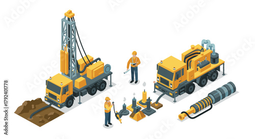 Construction and mining equipment in isometric style for industrial applications