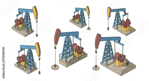 Isometric oil pump jack set on white background