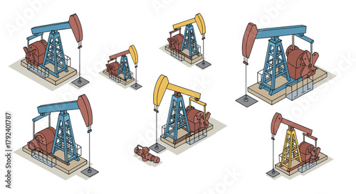Industrial oil pumpjack isometric set with diverse designs and vibrant colors