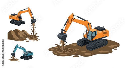 Colorful isometric excavators on construction site with mud and dirt