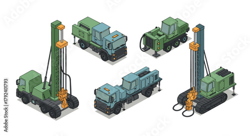 Isometric heavy machinery set featuring industrial trucks and construction equipment