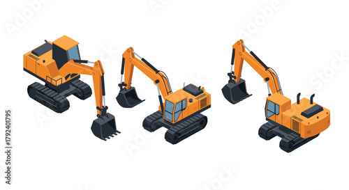 Isometric excavator set construction equipment in various angles