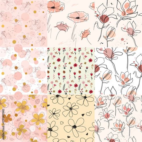 A set of simple seamless floral patterns. A collection of poppies, magnolia, and tulips. Sketchy flat design. A botanical collage